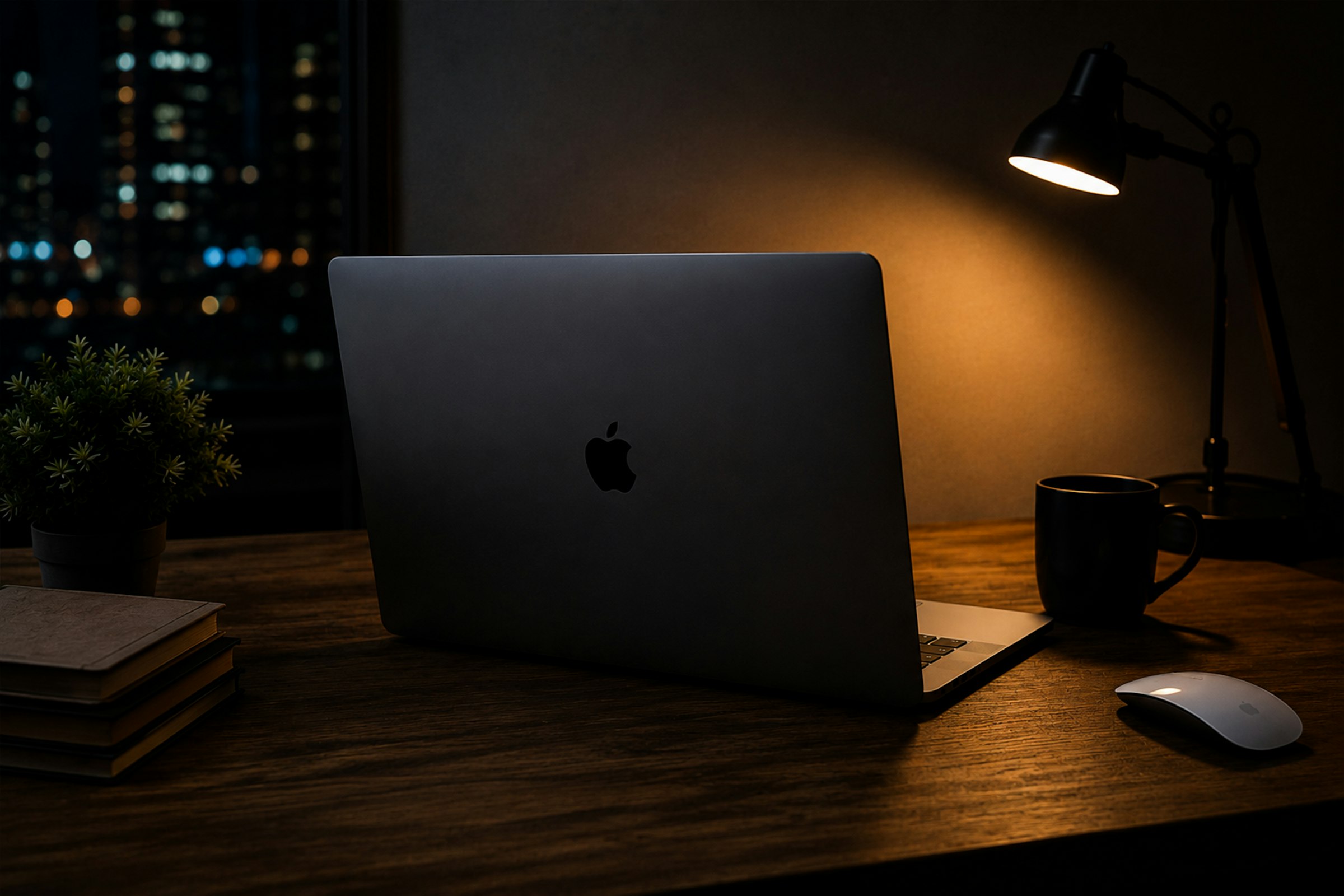 A workspace at night — a Mac that keeps working while you sleep